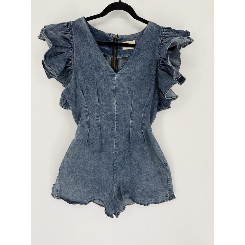 Bella Ella Boutique Denim Ruffle Romper Shorts Blue XL Medium Wash Y2K Festival - Picture 2 of 6